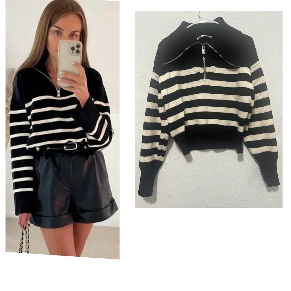 Zara Black and Beige Striped High Neck Quarter Zip Chunky Rib Knit Sweater XL